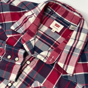 Levi's Plaid Western Shirt Mens M Red Blue Pearl Snap Long Sleeve
